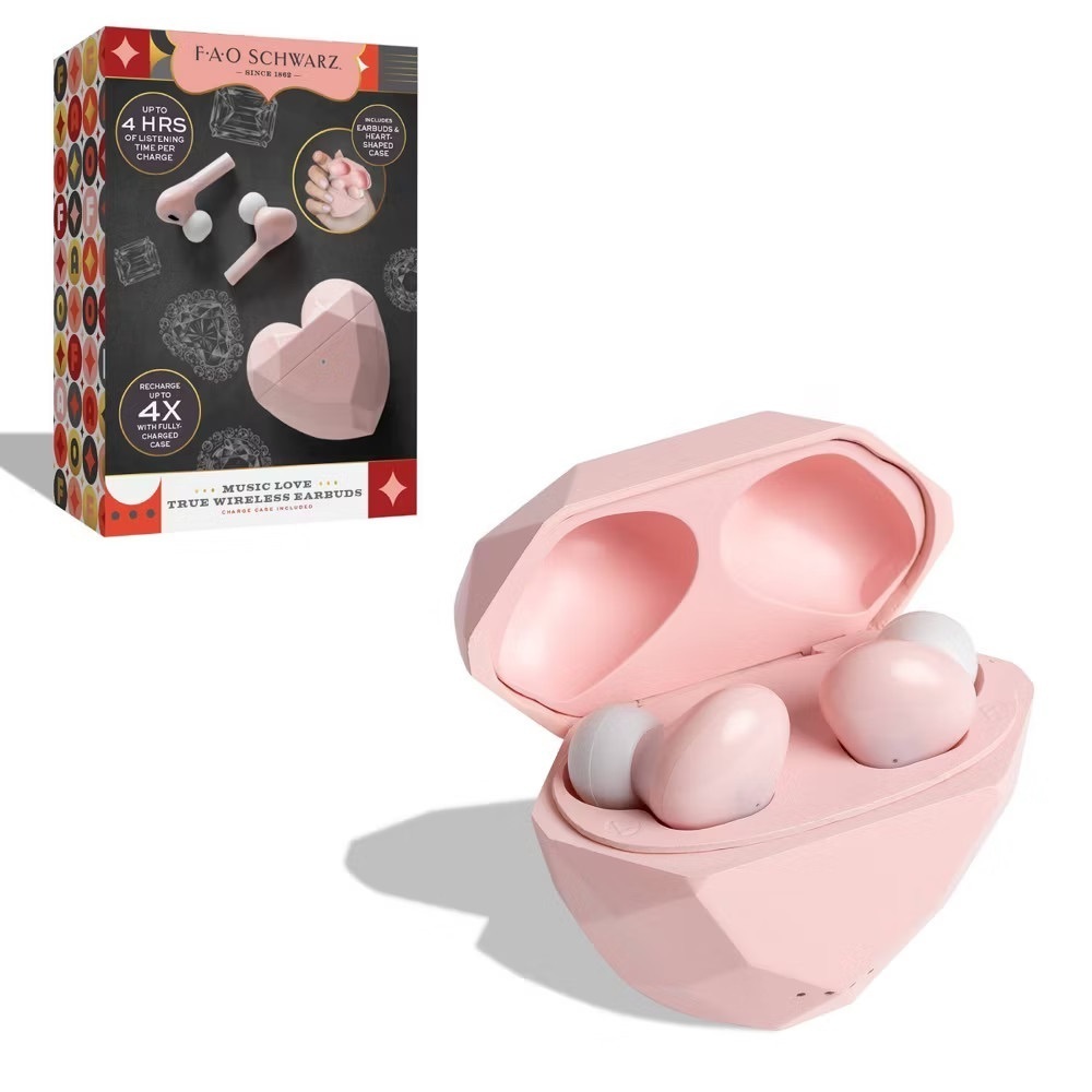 FAO Schwarz Music Love True Bluetooth Wireless Earbuds Pink Heart Case Earbuds